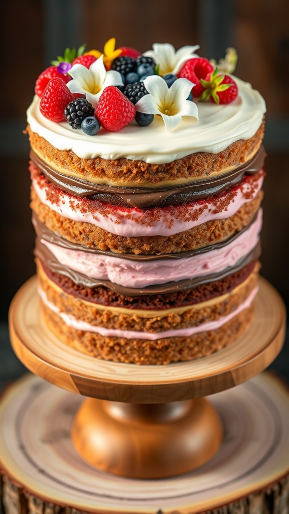 A slice of colorful 4 lapis cake with layers of chocolate ganache and frosting, garnished with berries and flowers on a wooden table.